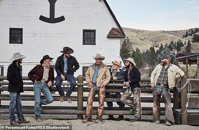 From left to right: Ryan Bingham as Walker, Forrie Smith as Lloyd, Cole Hauser as Rip Wheeler, Kevin Costner as John Dutton, Jefferson White as Jimmy Hurdstrom, Denim Richards as Colby, Luke Peckinpah as Fred Myers