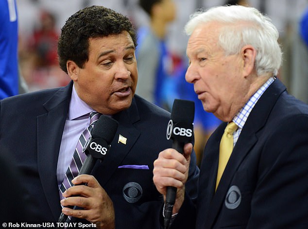 Gumbel and Bill Raftery before a game between Duke and North Carolina State in 2016