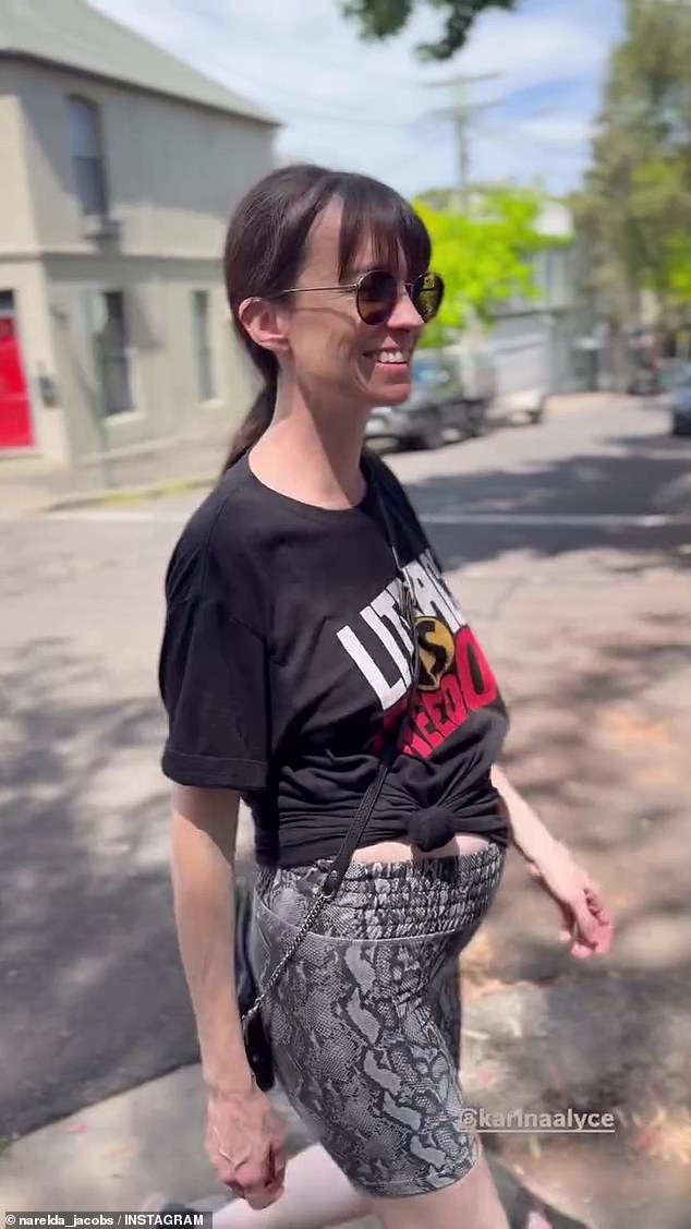 In a video shared to Instagram Stories on Saturday, Karina showed off the progress of her pregnancy. She beamed as she strolled down the street, her blossoming belly on display