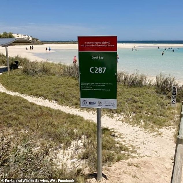 Each red and green sign contains a unique identifier for the beach on which it is placed