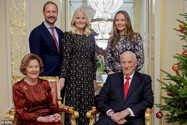 Høiby was noticeably absent from the family's Christmas card this year (photo from left to right: Crown Prince Haakon, Crown Princess Mette-Marit and Princess Ingrid Alexandra with Queen Sonja and King Harold)