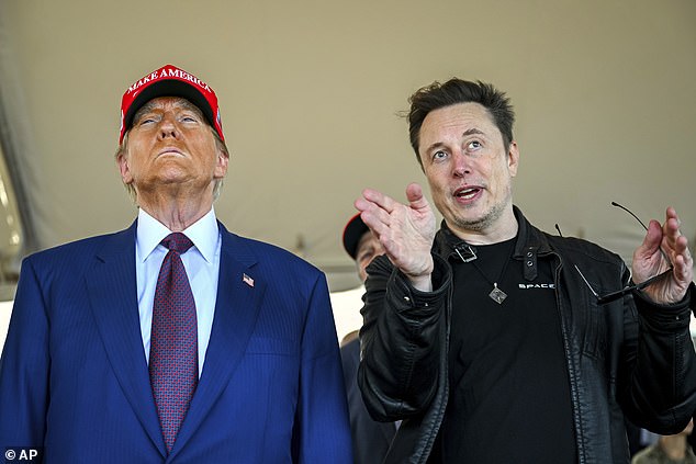 President-elect Donald Trump listens to Elon Musk as he arrives to watch SpaceX's mega-rocket Starship lift off for a test flight from Starbase in Boca Chica, Texas, November 19