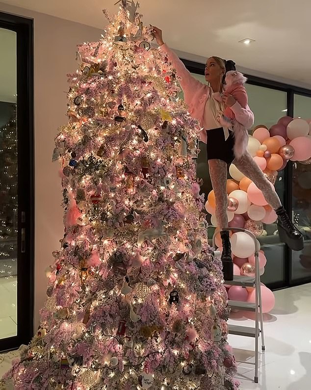 The quirky actress, 51, gave the world a glimpse into her eye-catching Christmas decorations - but pulled off a dangerous stunt in the process