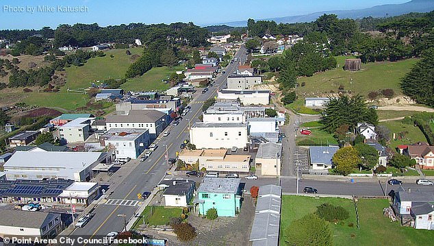 Pictured: An overhead view of Point Arena's main street. The Wildflower Motel can be seen below left with solar panels on the roof