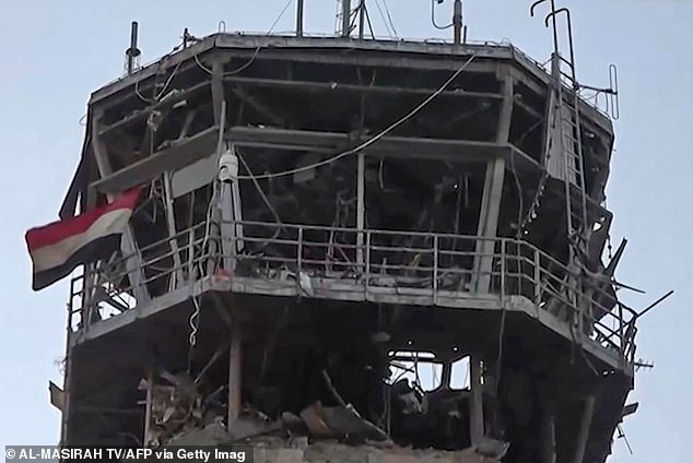 Damage to Sanaa Airport's control tower after Israeli airstrikes. Israeli forces attacked the airport, killing at least two people