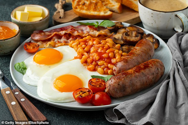 A full English breakfast (stock image). Women who ate breakfast daily had up to 10 percent more grip strength than those who did not