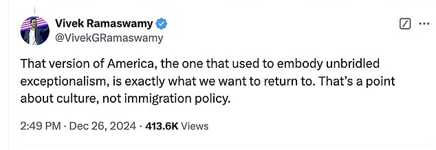 Ramaswamy's post and subsequent follow-ups drew immediate criticism from Trump supporters who support the president-elect's hardline immigration policies