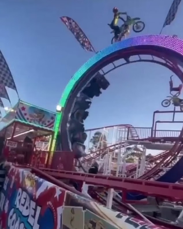 Mrs Rodden (pictured in black on the rollercoaster track, moments before impact) suffered life-changing injuries from the crash