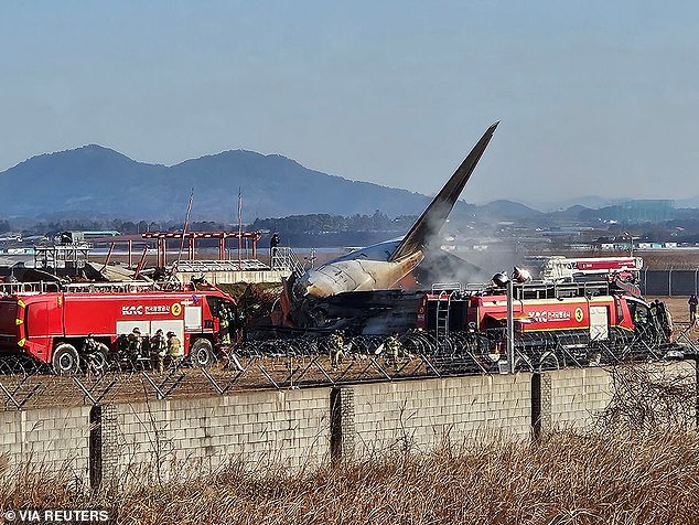 Firefighters extinguished the fire after the plane ran off the runway and crashed into a wall