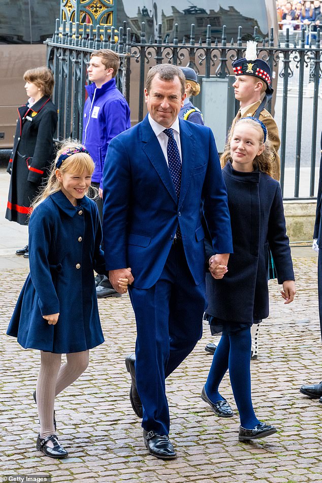 Peter with his two daughters at a memorial service for Prince Philip in 2022