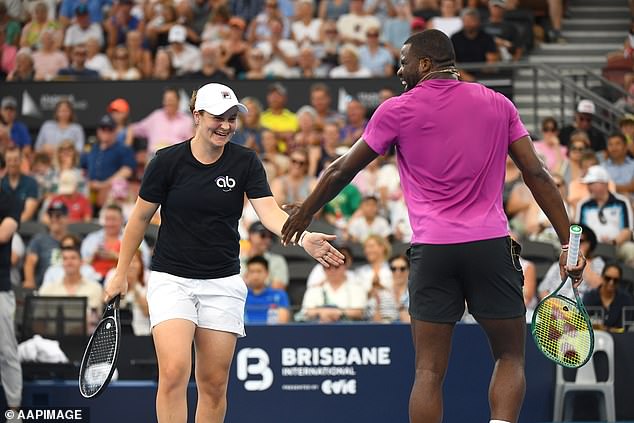 She teamed up with Frances Tiafoe for the match as the pair (pictured left and right) took on Ons Jabeur and Pat Rafter