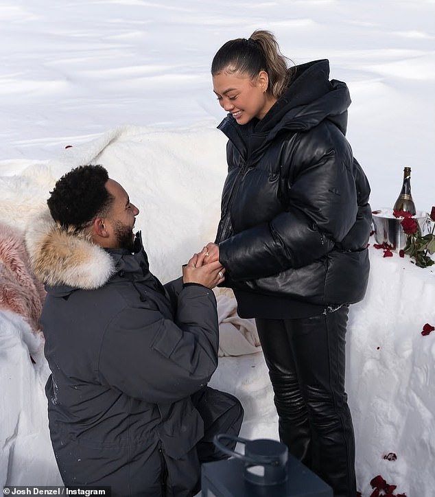 Wrapped in large coats to keep out the cold, the couple were in a private setting surrounded by red roses, champagne and candles