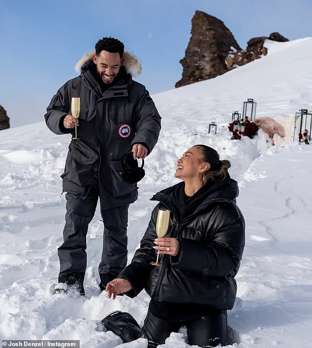 The loved-up couple celebrated with champagne in gold flutes as Ruby fell to her knees in happiness