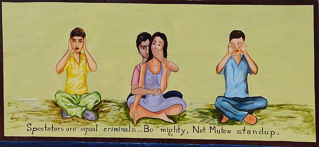 A painting by Mann shows a woman being grabbed by a man with his hand around her mouth. Next to the couple stands a man with his ears covered and another with his hands over his eyes