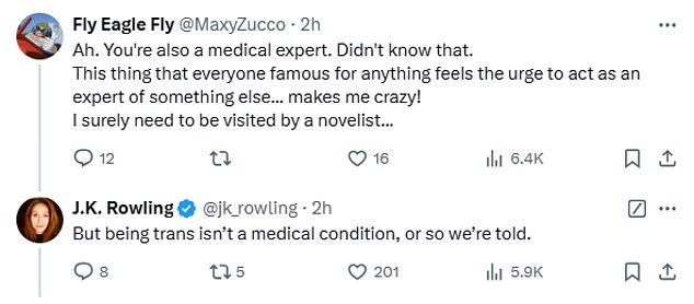 JK Rowling responded to a user who sarcastically said they didn't know the author was 'also a medical expert'