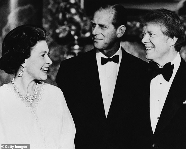 Queen Elizabeth II and Prince Philip with President Jimmy Carter in the Blue Drawing Room of Buckingham Palace, May 1977