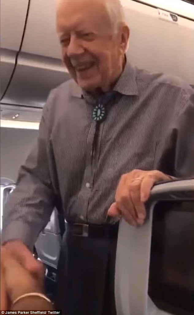 After boarding a flight from Atlanta to Los Angeles on June 8, 2017, the then 93-year-old walked down the aisle to greet passengers by shaking hands and smiling for photos