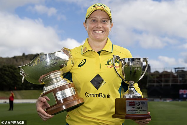 Healy (pictured with trophies in hand after Australia's ODI series win over New Zealand earlier this month) added color to the Fox Sports broadcast