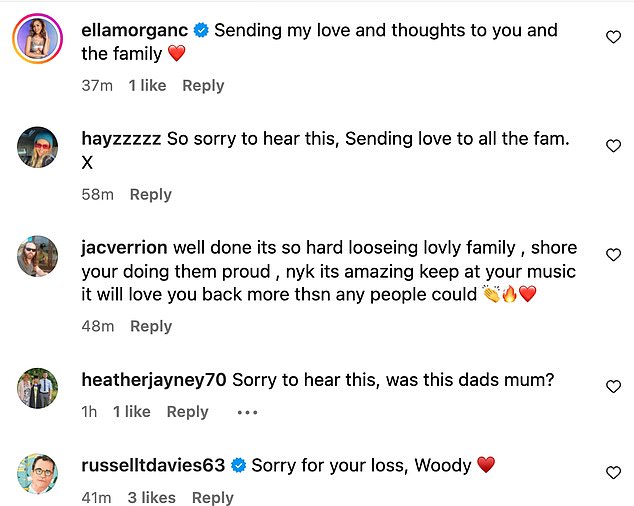 Woody received supportive messages from fans and friends including Russell T Davies and Ella Morgan