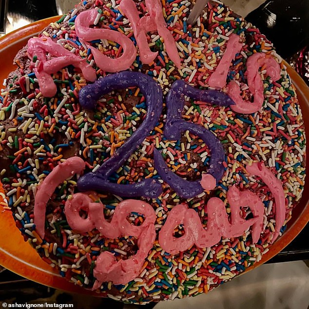 The colorful cake was humorously written: 'Ash is 25 (again).' The designer captioned her post: 