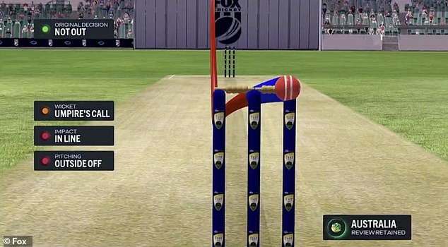 Australian cricket fans lashed out after the DRS image (pictured) appeared to show the ball hitting Jaiswal on the pads could have hit the stumps