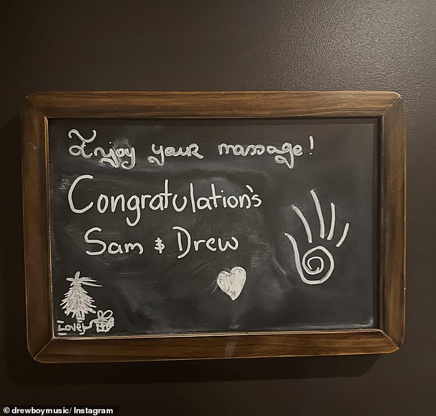 The sweet carousel was supplemented with photos suggesting Drew enlisted the help of a household blackboard to aid in his successful proposal attempt