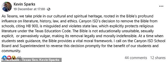 Texas Sen. Kevin Sparks also denounced the district's decision to remove the Bible from its libraries, claiming the move was 