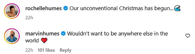 She wrote: 'Our unconventional Christmas has begun', while Marvin said: 'Wouldn't want to be anywhere else in the world'