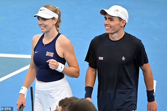 Boulter celebrates victory in the mixed doubles with Charles Broom to secure the tie for Great Britain