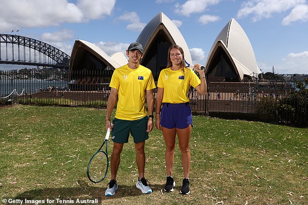 Alex de Minaur, pictured with teammate Olivia Gadecki, could face his new fiancée on New Year's Day when Great Britain plays Australia in the United Cup in Sydney