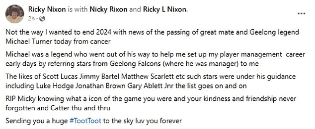 Ex-AFL star Ricky Nixon also paid tribute to Turner, praising him as a great manager for younger stars