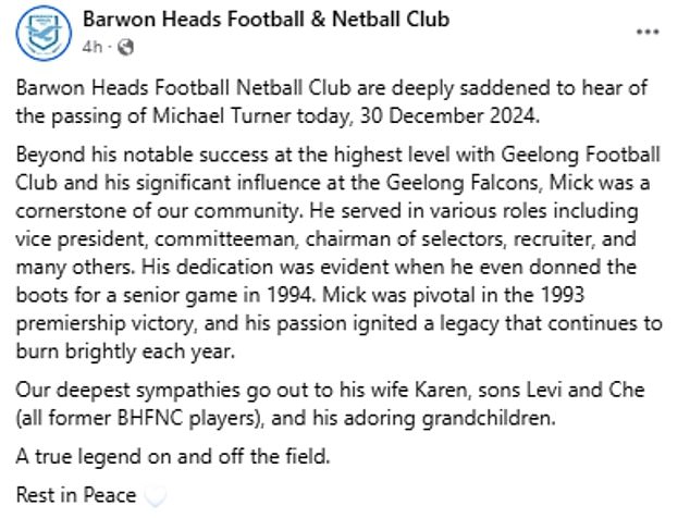 Barwon Heads Football and Netball Club sent their condolences to his wife Karen and children