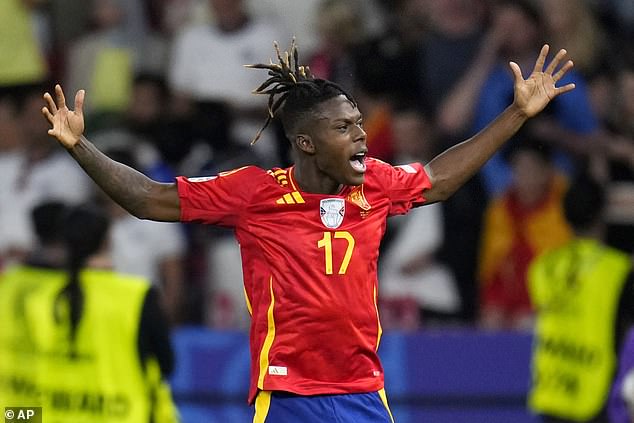 Spaniard Nico Williams celebrates in Spanish colors during the UEFA Euros tournament in July