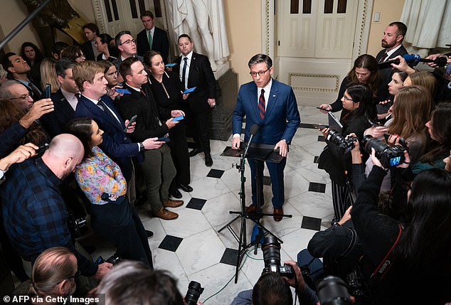 Speaker of the House of Representatives Mike Johnson, Republican of Louisiana, speaks to the media during a vote on a revised bill on Capitol Hill in Washington, DC on December 19, 2024