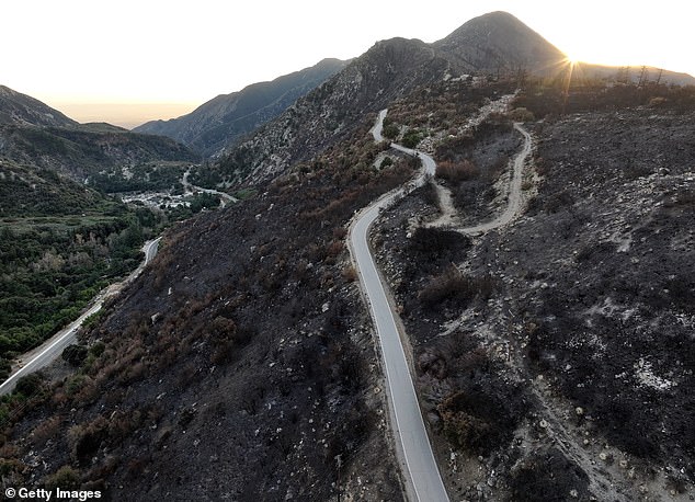 Pictured: The road to Mount Baldy that was closed due to the destruction of the bridge fire