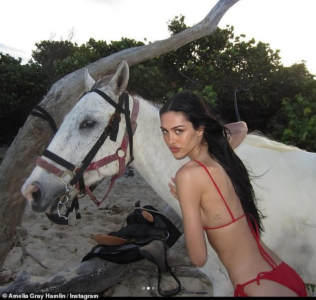 The leggy lady from Los Angeles also showed off a small tattoo on her back as she turned to cuddle her four-legged friend