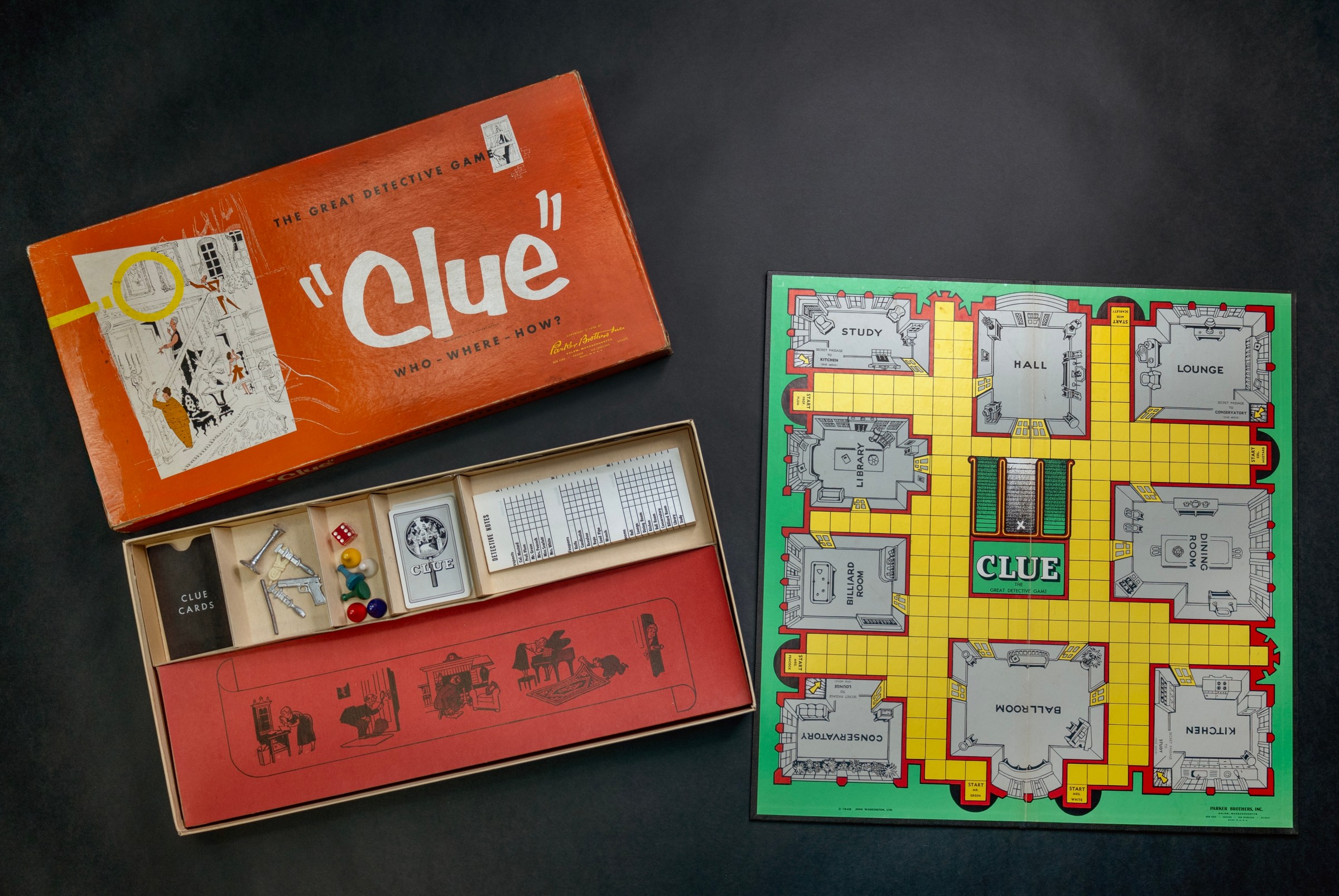 The 1956 edition of Clue, including the box, accessories and board