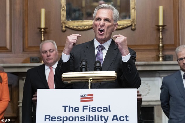 McCarthy spoke at a news conference with other Republicans after passing the debt ceiling bill in May 2023. McCarthy was ousted as speaker by far-right Republicans in October after reaching a deal with Democrats to avoid a government shutdown