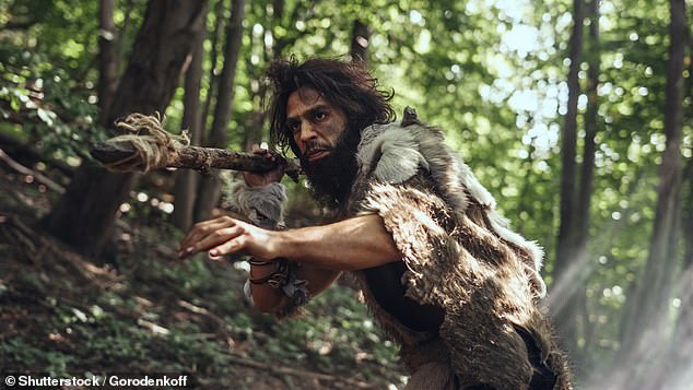 Above, a dramatized portrait of a primordial caveman wearing animal skin and hunting with a stone-tipped spear