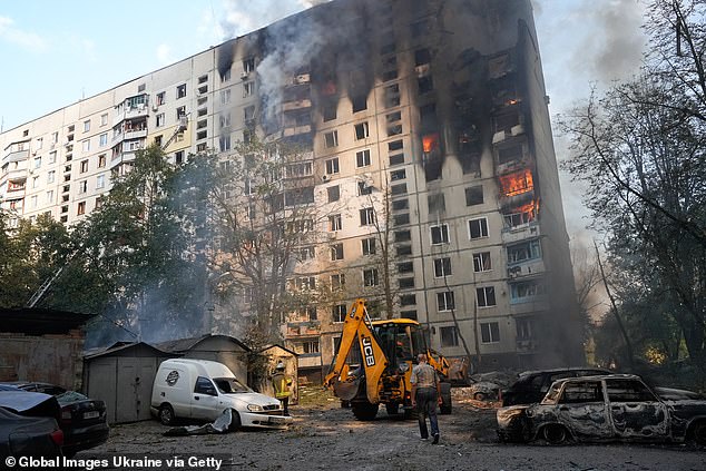 A residential building burns in Kharkov in August 2024. Russia has lost, killed or wounded 787,940 troops since invading Ukraine almost three years ago