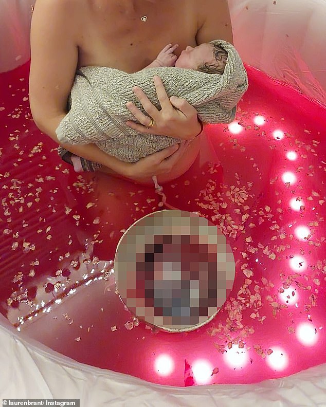 A confronting image showed Lauren again holding Clay, with the umbilical cord still attached to the placenta that was in a socket.