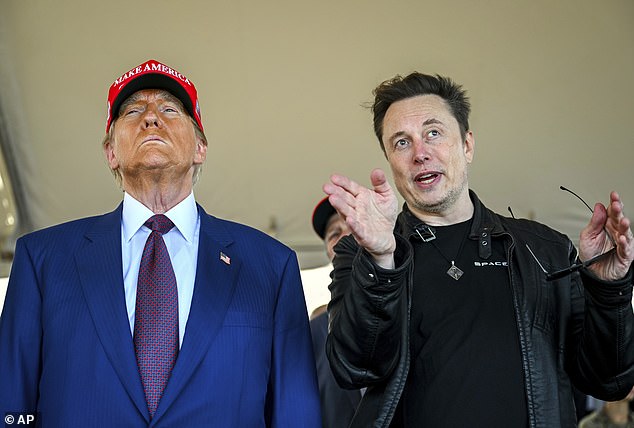 President-elect Donald Trump listens to Elon Musk as he arrives to watch SpaceX's mega-rocket Starship lift off for a test flight from Starbase in Texas