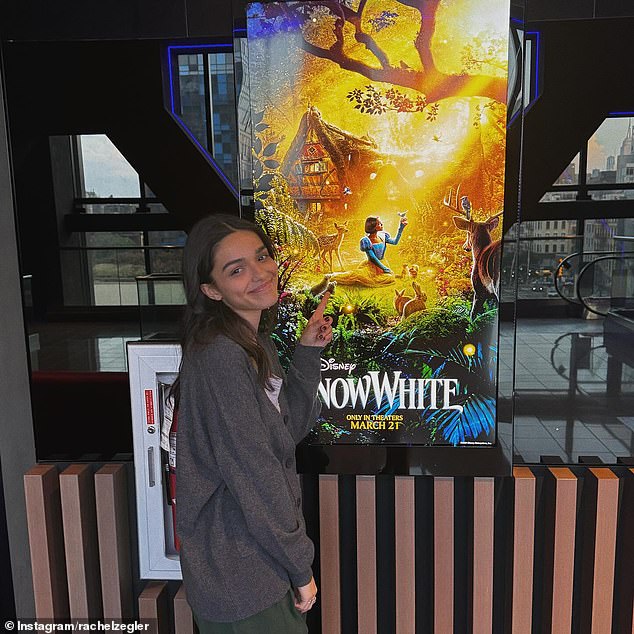 The third photo showed Zegler posing in front of a poster for her upcoming Disney film, the live action remake of Snow White, ahead of its March 21 theatrical release.