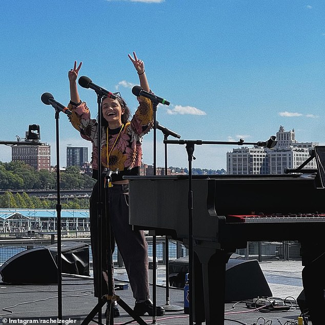 Another photo showed Zegler during rehearsals on a New York City rooftop, surrounded by microphones and a grand piano. She threw out peace signs while flashing a bright smile