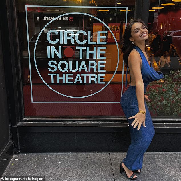 Zegler also posted a photo of herself modeling a sexy blue jumpsuit and posing outside the theater where she is performing Romeo + Juliet.