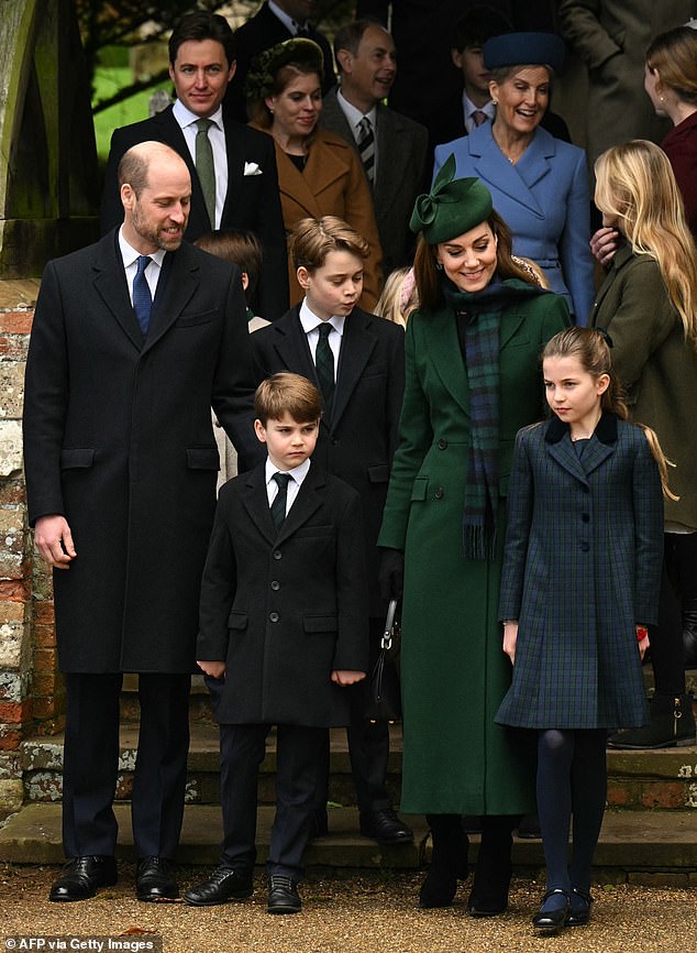 Perfect image! The Prince and Princess of Wales with their three children, Prince Louis, six, and Princess Charlotte, nine, while Prince George, 11, watches over his younger siblings