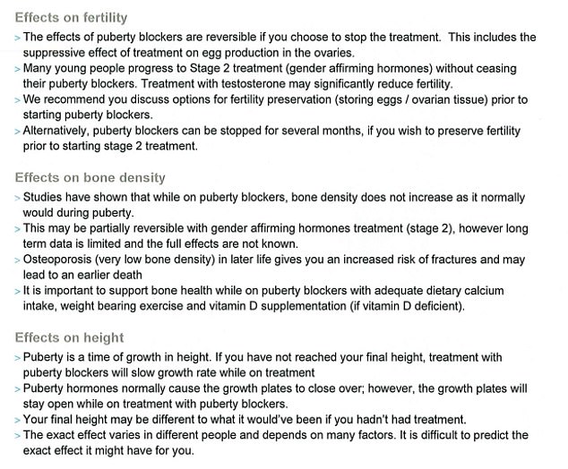 The fact sheet also warns that puberty blockers will slow growth and as a result 'your final height may be different to what it would have been if you had not had treatment'