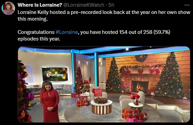 The account shared the stats, writing: 'Lorraine Kelly hosted a pre-recorded look back at the year on her own show this morning'