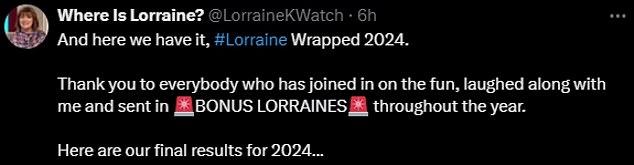 Impressively, the Wrapped showed that the most episodes Lorraine hosted in a row was just eight, sending fans into hysterics