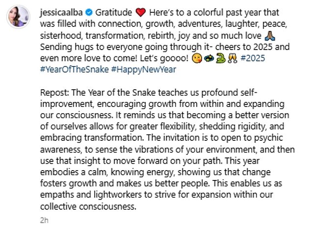 In her caption she wrote: 'Gratitude ❤ Here's to a colorful past year that was filled with connection, growth, adventures, laughter, peace, sisterhood, transformation, rebirth, joy and so much love. 'Sending a hug to everyone experiencing it - cheers to 2025 and more love to come! Let's go!'